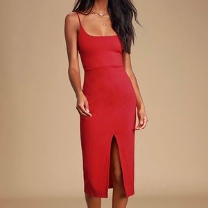 Red Bodycon Midi Dress with Slit
